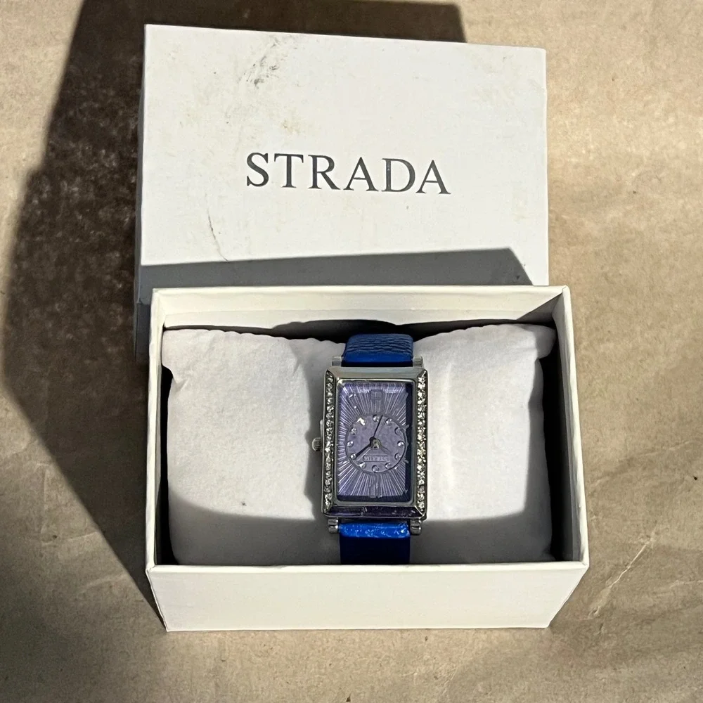 Strada Rectangular Watch Blue Purple Silver Tone Crystal Accents‎ with Box